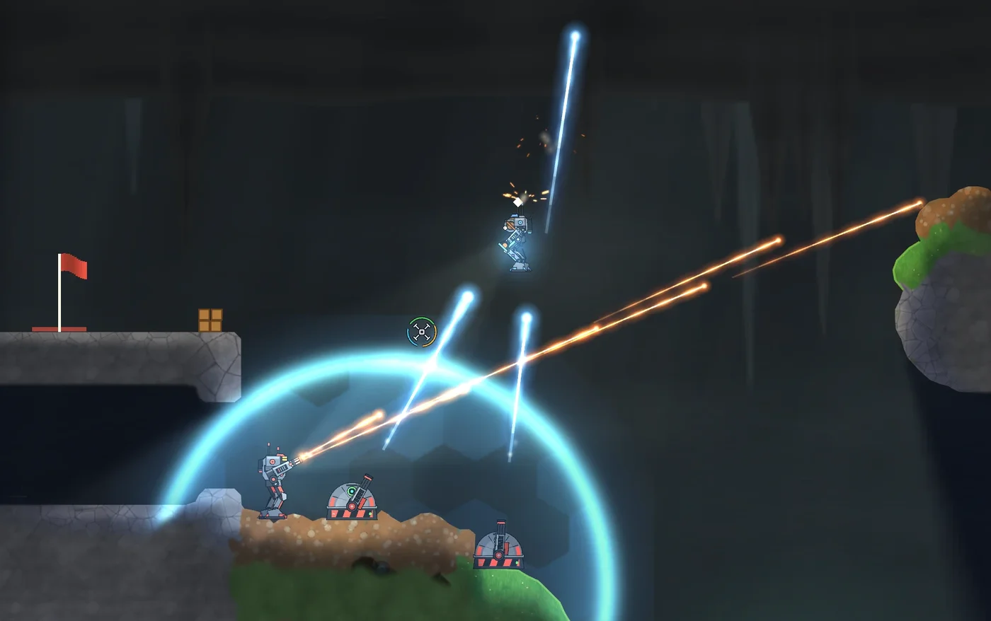 A mech and two turrets under a shield dome fire orange tracer rounds at an enemy mech jetting overhead, who fires back with blue bolts
