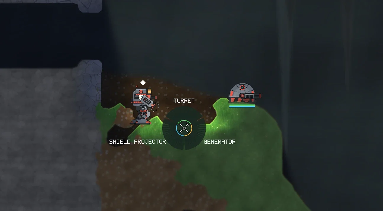 A radial build menu next to a mech with the options Turret, Shield Projector and Generator, and a turret already placed on the ground