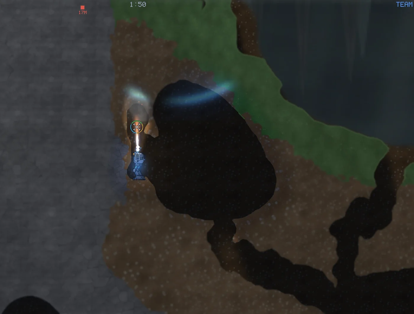 A mech tunnels up through brown earth beside a stone wall, a digging beam lighting the shaft above it, with a large dark cavern carved out to its right