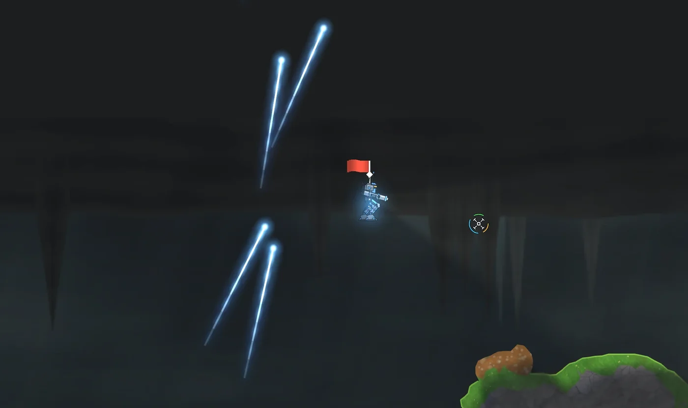 A mech carrying the red flag jets through a dark cave while blue bolts streak past