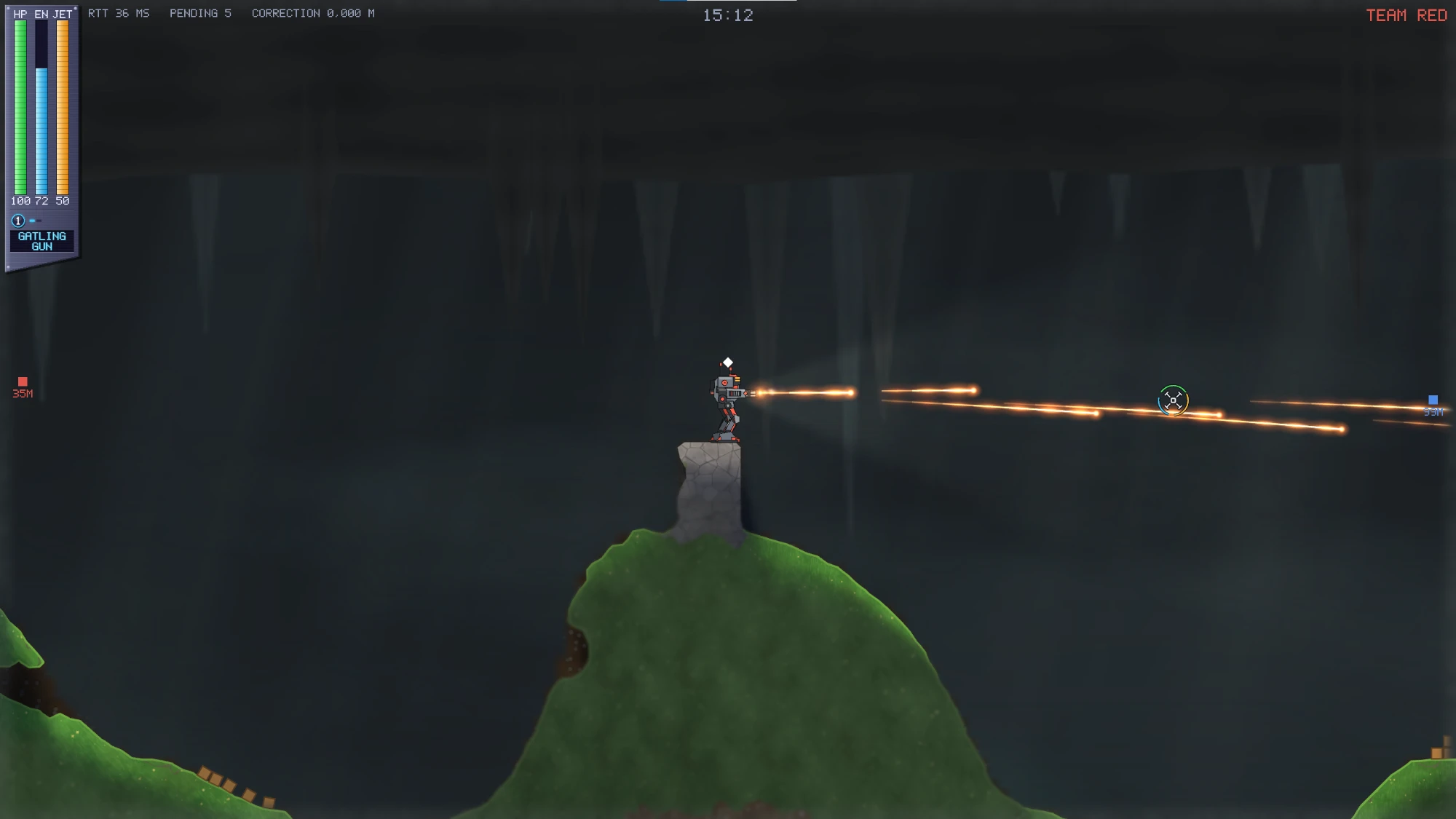 A mech on a stone pillar fires its gatling gun across a dark cave, with health, energy and jet bars, a timer and team indicator on the HUD
