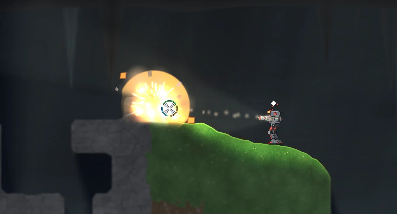 A grenade detonates against a stone wall at the edge of a hill as a mech looks on