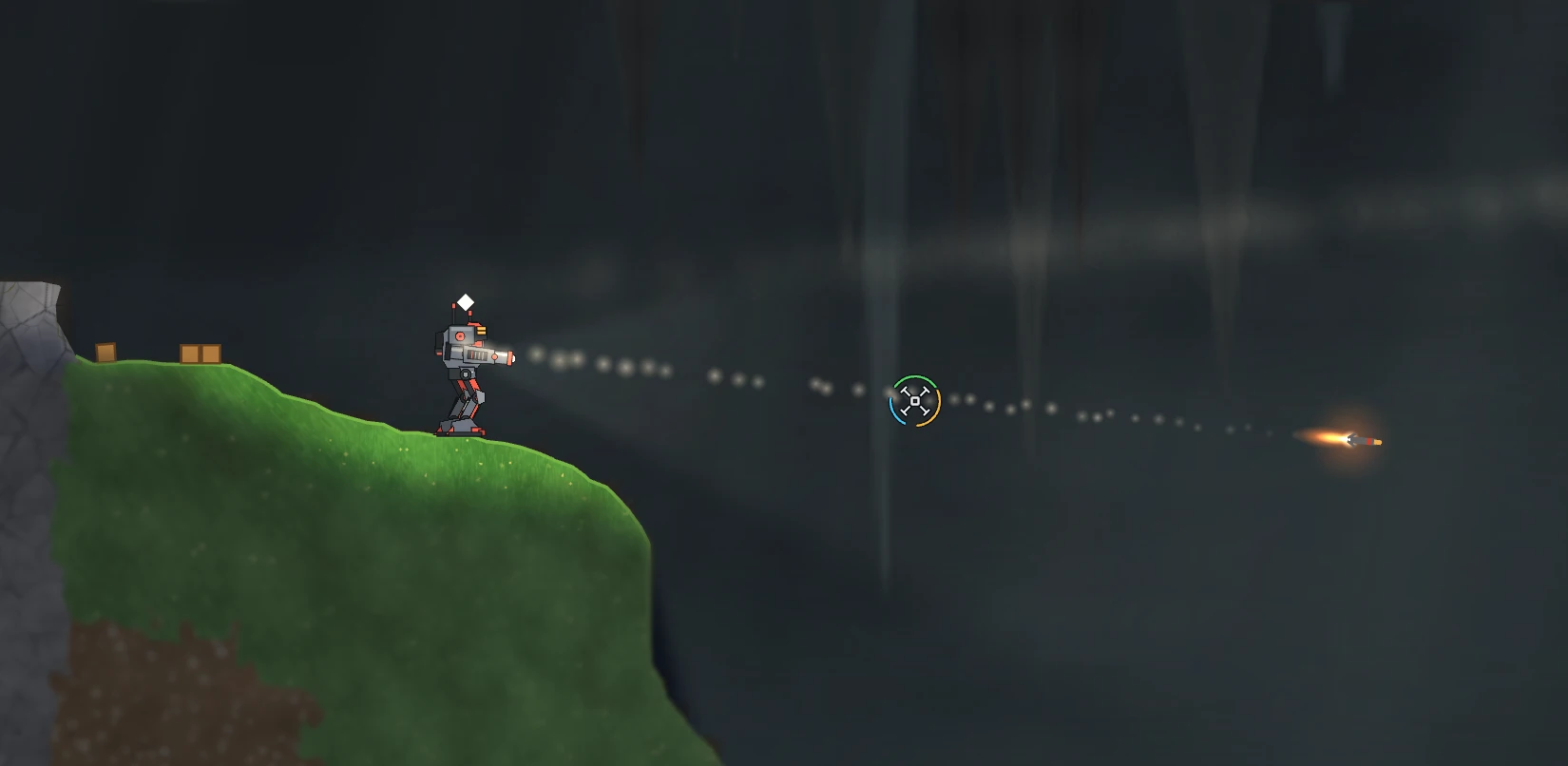 A mech on a cliff edge fires a grenade launcher across a dark cave while a rocket flies in from the right