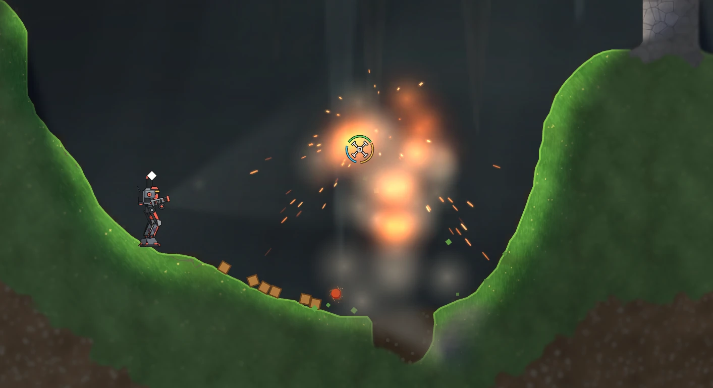 A grenade explodes in a fiery burst in the middle of a valley while a mech watches from the left slope