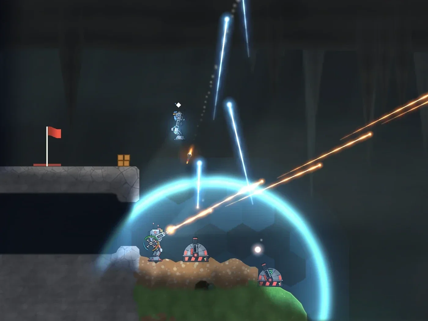 A mech and two turrets under a shield dome fire orange tracer rounds at an enemy mech jetting overhead, who fires back with blue bolts, a red flag on a ledge to the left