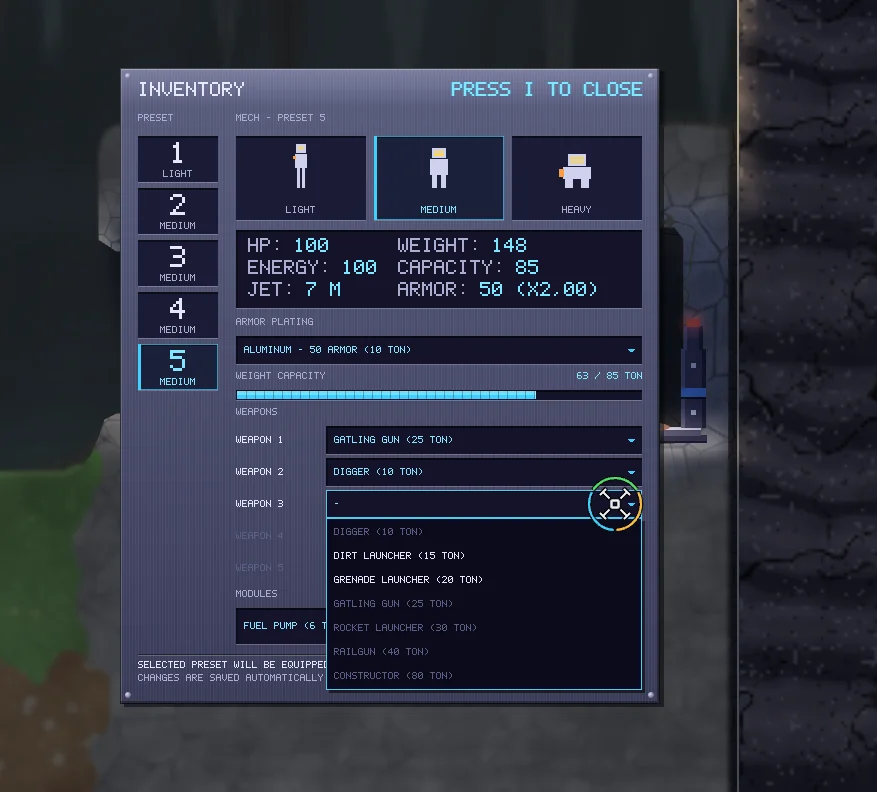 The inventory screen with five mech presets and a weapon list open, showing digger, dirt launcher, grenade launcher, gatling gun, rocket launcher, railgun and constructor, each with a weight in tons