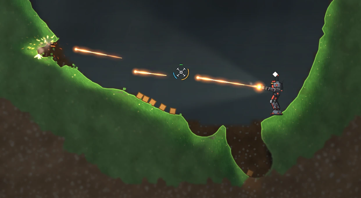 A mech fires a minigun across a valley, tracer rounds hitting the far hillside and blasting out dirt