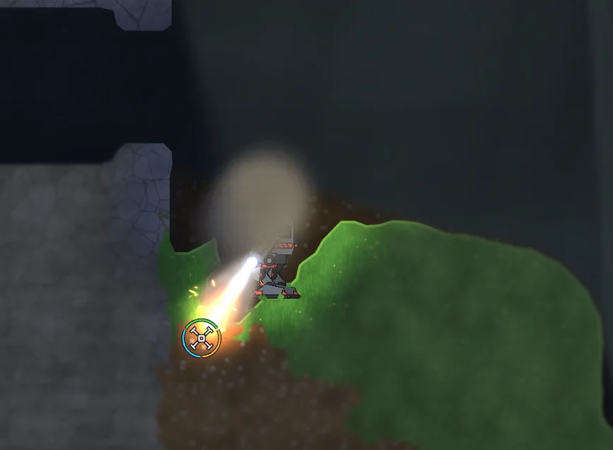 A mech beside a stone wall aims a bright beam at the ground, blasting dirt loose from a grassy hillside