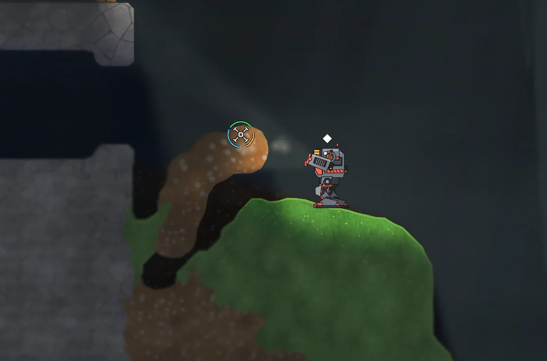 A mech stands on a grassy hilltop next to a curved arm of freshly placed dirt reaching up toward a stone ledge