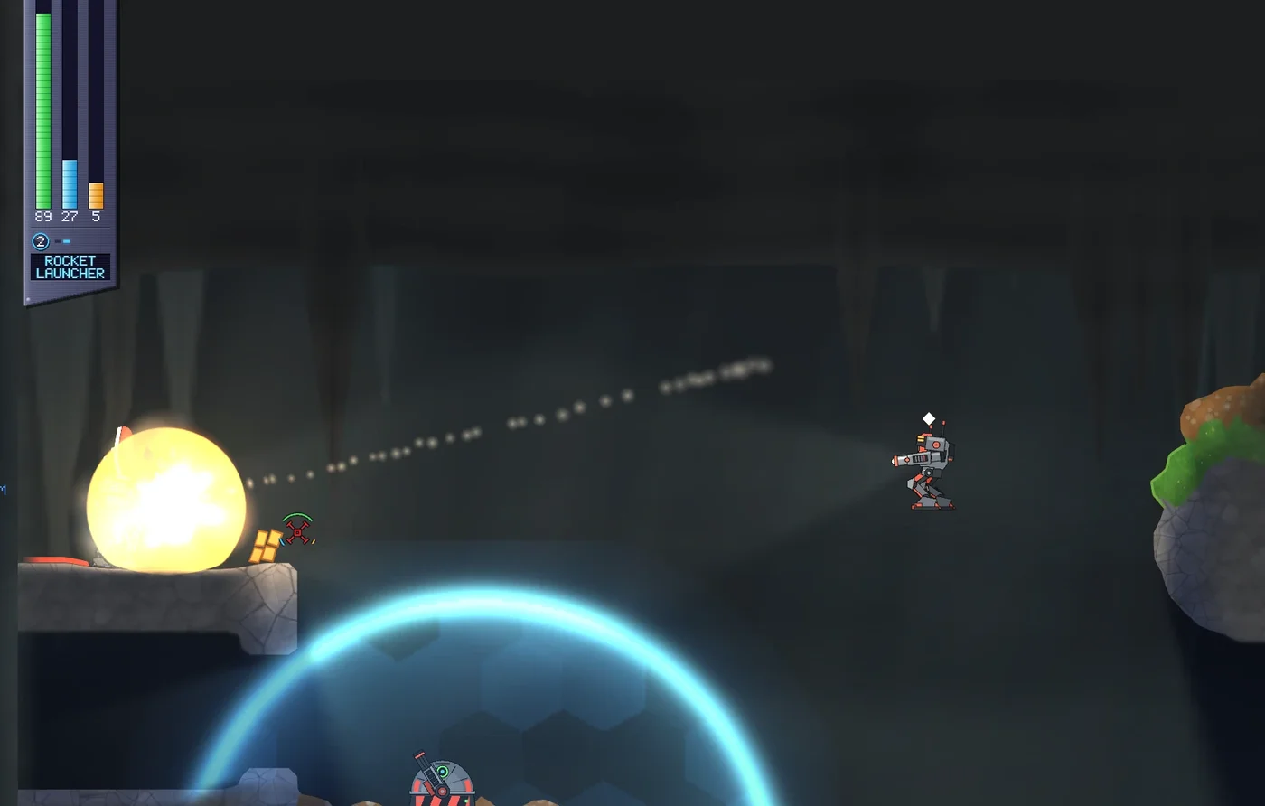 A rocket launcher explosion on a stone ledge while an enemy mech aims across the cave, with a health, energy and jet HUD at the left