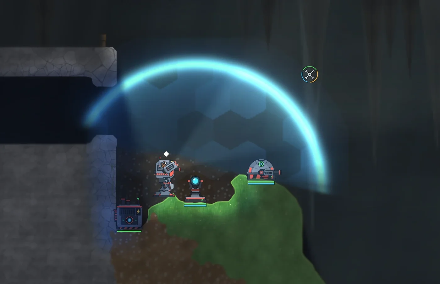 A mech standing between a generator, a shield projector and a turret, with a blue energy dome covering the base
